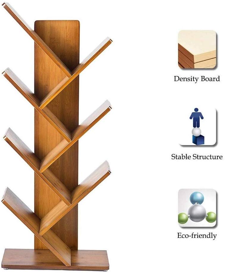 Tree Bookshelf Free-Standing Holder Bamboo Wood Bookcase Rack 4-Tier Book Rack 